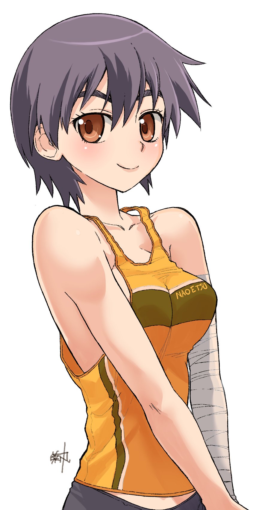 1girl artist_name bandaged_arm bandages black_hair black_shorts breasts collarbone commentary highres kanbaru_suruga kikumaru_bunta light_blush looking_at_viewer medium_breasts midriff_peek monogatari_(series) revision short_hair shorts signature single_horizontal_stripe single_vertical_stripe smile solo tank_top thick_eyebrows tomboy translated upper_body v_arms very_short_hair white_background yellow_tank_top