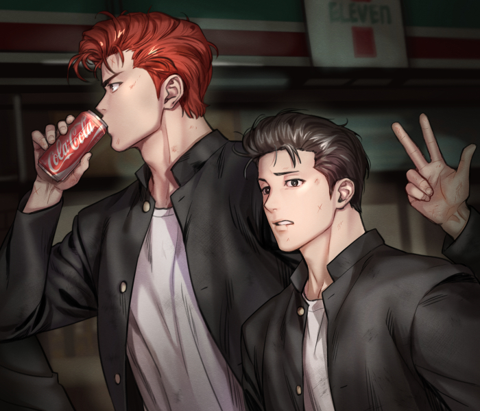 2boys 7-eleven black_hair bruise bruise_on_face can coca-cola dirty dirty_clothes dirty_face gakuran holding holding_can injury lip_cut male_focus mito_youhei multiple_boys night nongnol234 out_of_frame outdoors pompadour profile red_hair sakuragi_hanamichi school_uniform slam_dunk_(series)