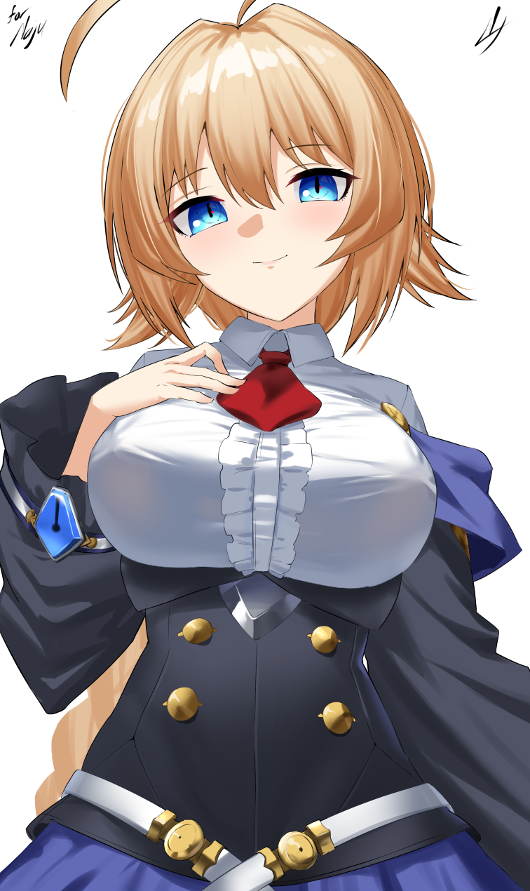 1girl ahoge arm_at_side blazblue blonde_hair blue_eyes blush braid braided_ponytail breasts center_frills closed_mouth collared_shirt commentary_request commission es_(xblaze) frills hair_between_eyes hand_up highres large_breasts long_hair long_sleeves looking_at_viewer low_ponytail necktie nichijo red_necktie shirt signature simple_background slit_pupils smile solo tsurime upper_body very_long_hair white_background white_shirt wide_sleeves xblaze xblaze_code:_embryo