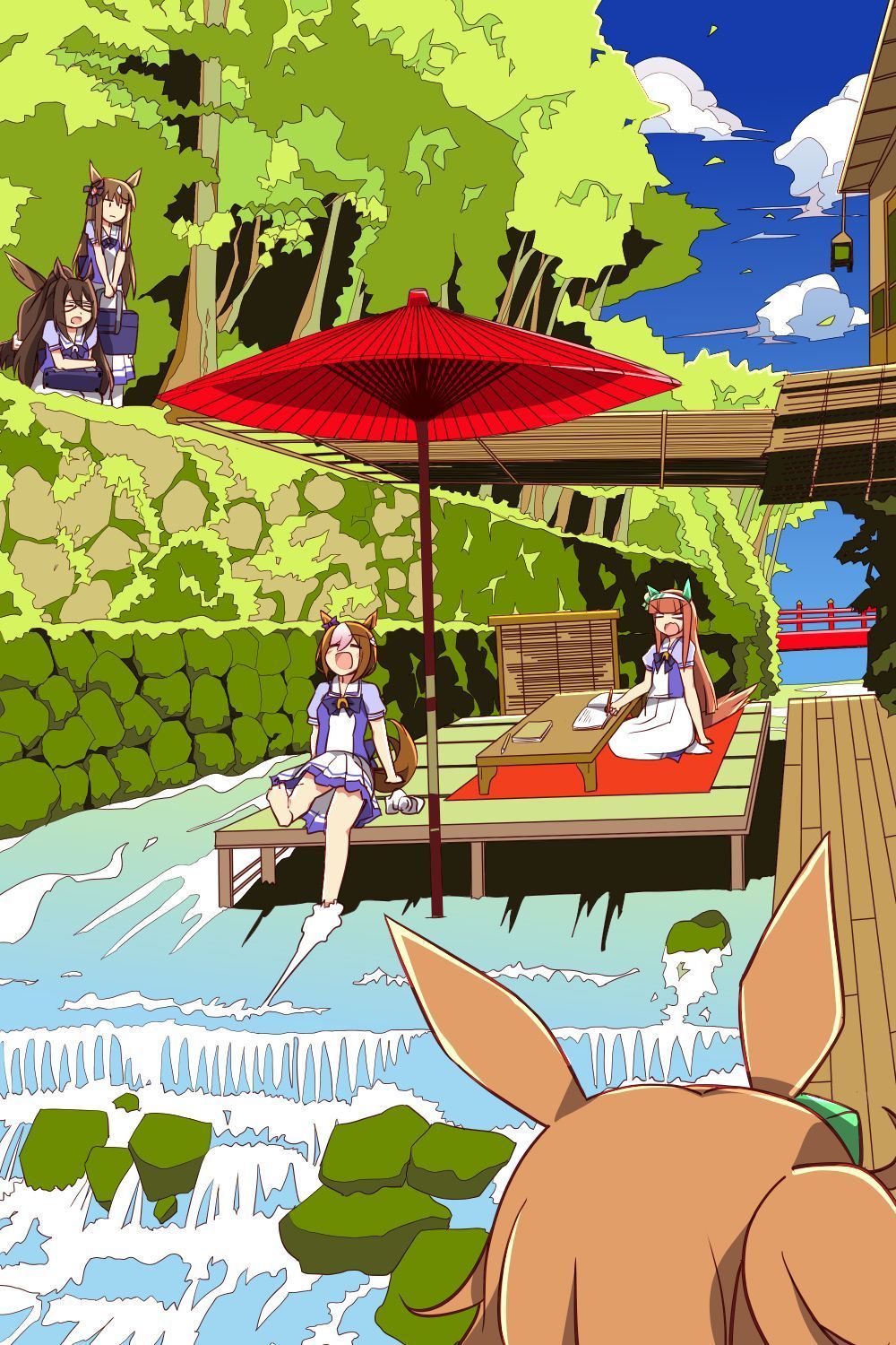 5girls animal_ears bag barefoot blue_sky blush bow bridge briefcase cloud cloudy_sky commentary_request ear_bow ear_covers el_condor_pasa_(umamusume) grass_wonder_(umamusume) hair_ornament hedge highres hime_cut horse_ears horse_girl horse_tail lake long_hair multicolored_hair multiple_girls orange_hair outdoors ponytail puffy_short_sleeves puffy_sleeves purple_bow purple_shirt river school_bag school_uniform seiza shirt short_sleeves silence_suzuka_(umamusume) sitting skirt sky smile soaking_feet special_week_(umamusume) standing star_(symbol) star_hair_ornament streaked_hair summer_uniform table taiki_shuttle_(umamusume) tail tracen_school_uniform tree umamusume umbrella very_long_hair wahiko_(black_bastard) white_hair