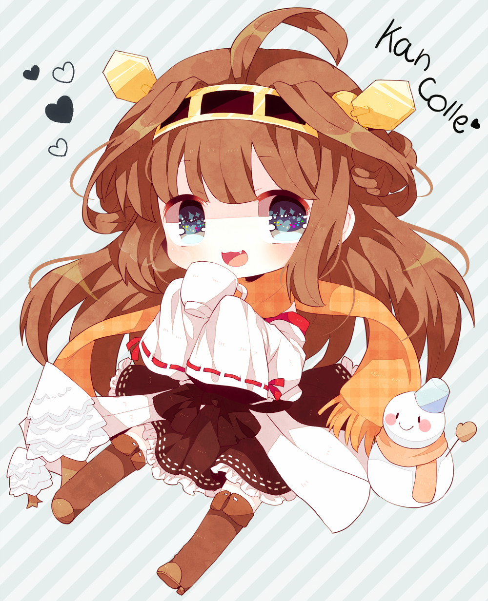 ahoge bad_id bad_pixiv_id blue_eyes brown_hair cup fang hairband haru431 heart highres japanese_clothes kantai_collection kongou_(kantai_collection) long_hair nontraditional_miko scarf smile snowman solo teacup