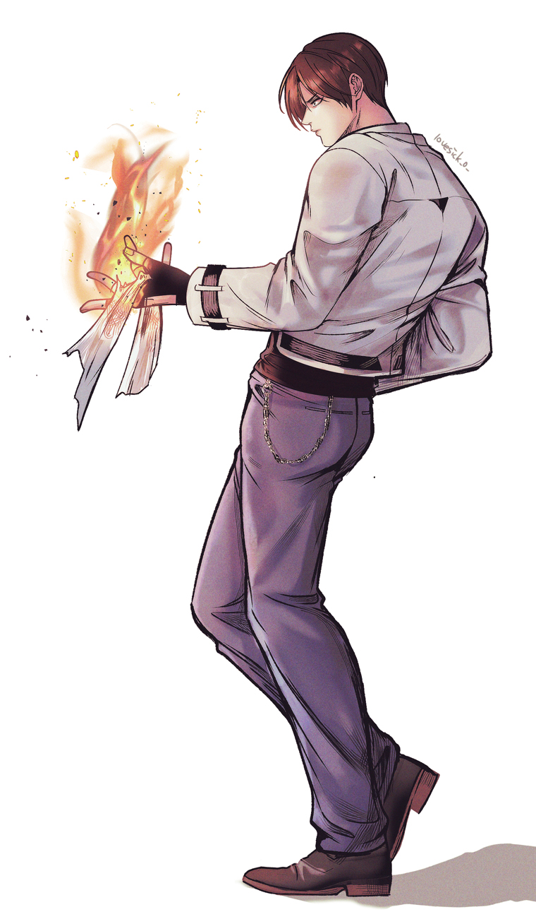 1boy boots brown_hair curtained_hair denim fingerless_gloves fire gloves headband highres jacket kusanagi_kyou leather leather_jacket lovesick_0 male_focus pants pyrokinesis shirt short_hair snk solo the_king_of_fighters the_king_of_fighters_'99 white_background white_headband white_jacket