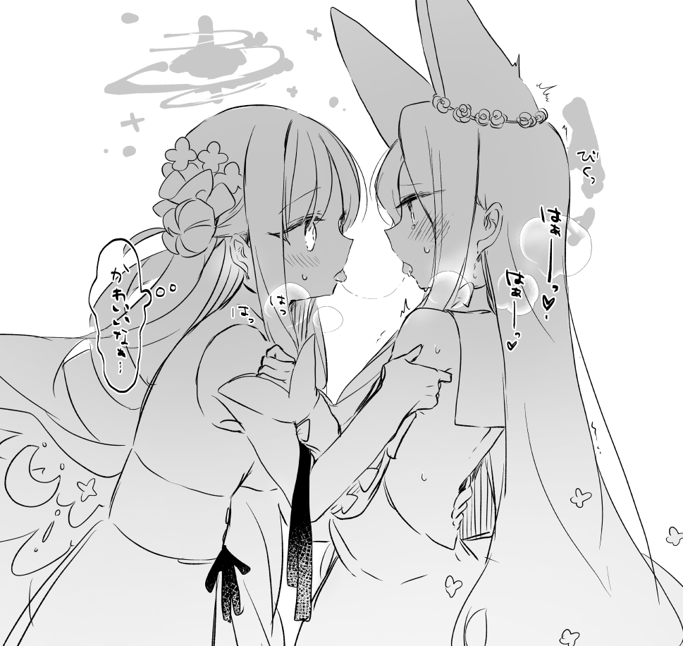 2girls after_kiss animal_ears backless_dress backless_outfit blue_archive blush breath detached_sleeves dress eye_contact facing_another fox_ears greyscale hair_bun halo holding_another's_arm long_hair looking_at_another mika_(blue_archive) monochrome multiple_girls saliva saliva_trail seia_(blue_archive) single_side_bun straight_hair sweat thought_bubble tongue tongue_out translation_request upper_body very_long_hair wings yun_(dust-i1) yuri