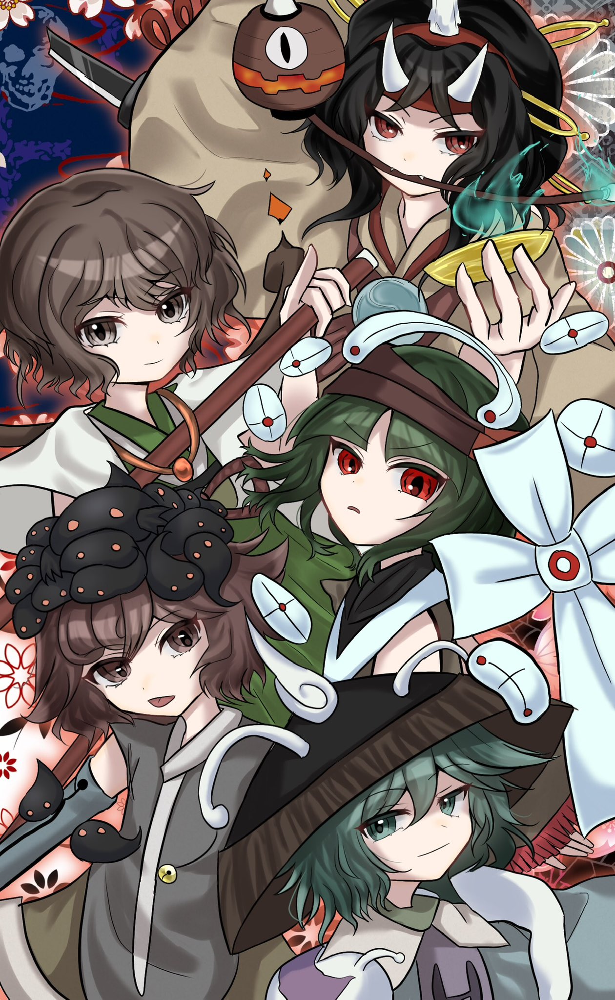 5others ajirogasa androgynous azuma_kaisen brown_headband green_hair hat headband highres kesa_kujiru len'en multiple_others ogata_garaiya para_(len'en) red_eyes short_hair tadpole tadpole_hat taira_no_chouki torenn