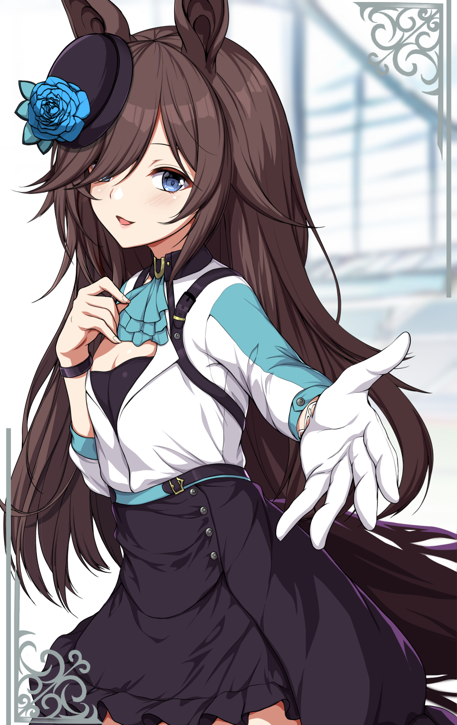 1girl alternate_eye_color animal_ears aqua_ascot aqua_background ascot back_bow black_dress black_thighhighs blue_eyes blue_flower blue_rose blurry blurry_background bow breasts brown_hair cleavage clip_studio_paint_(medium) cosplay cowboy_shot crossed_arms dress english_commentary flower frilled_dress frills garter_straps gloves hair_bun highres horse_ears horse_girl horse_tail jacket long_hair long_sleeves looking_at_viewer medium_breasts medium_hair mejiro_ramonu_(umamusume) mejiro_ramonu_(umamusume)_(cosplay) multicolored_hair one_eye_closed open_mouth outstretched_hand rice_shower_(umamusume) rose sheita single_garter_strap single_glove single_thighhigh smile smug solo streaked_hair tail thighhighs tilted_headwear two-tone_hair umamusume white_gloves white_hair white_jacket