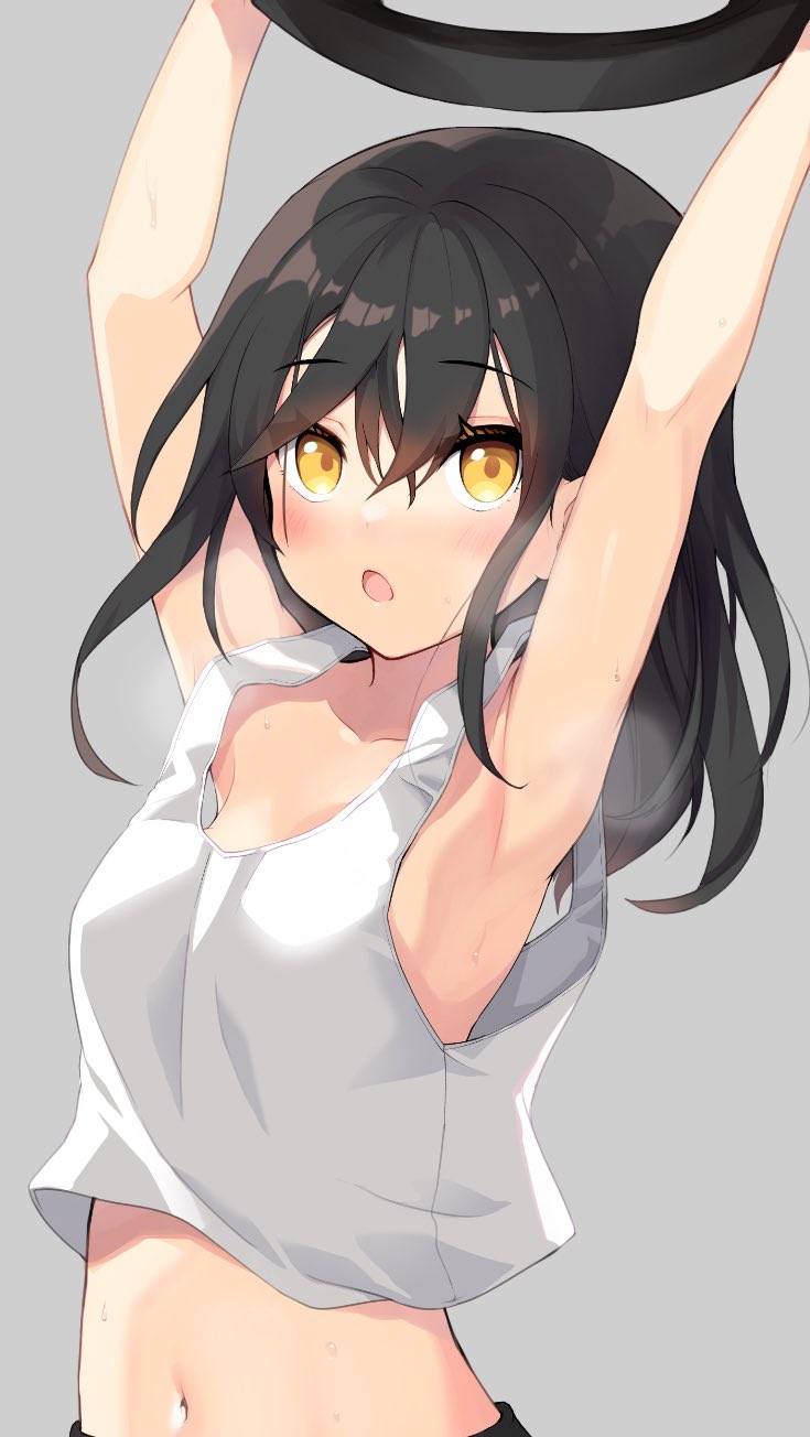 1girl armpits arms_up black_hair blush commentary crop_top exercise grey_background highres looking_at_viewer medium_hair midriff minamura_haruki navel open_mouth original outstretched_arms simple_background solo steaming_body sweat tank_top upper_body white_tank_top yellow_eyes