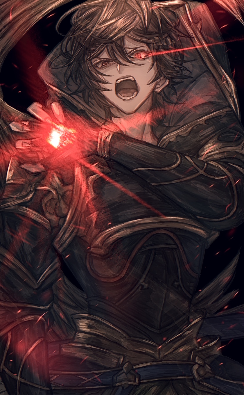 1boy ahoge angry armor belt bishounen breastplate brown_hair commentary commentary_request energy energy_ball fingerless_gloves gloves glowing glowing_eye granblue_fantasy hair_between_eyes highres hood hood_down male_focus muramitsu_(d3jgv) open_mouth red_eyes sandalphon_(granblue_fantasy) short_hair shouting