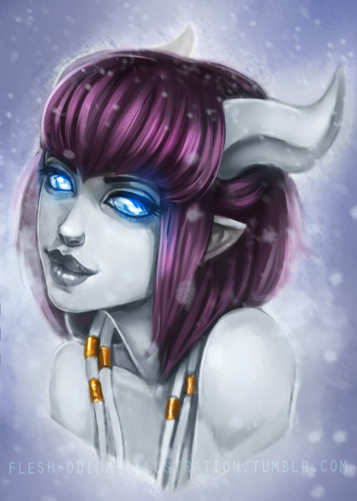 blue_eyes blue_skin borrowed_character draenei flesh-amare horns monara pointy_ears purple_hair short_hair solo warcraft