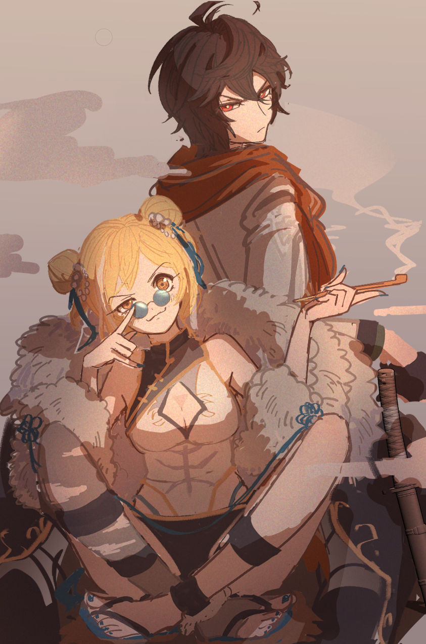 1boy 1girl :3 adjusting_eyewear ahoge anklet bare_shoulders bishounen blonde_hair breasts brown_eyes brown_hair chinese_clothes cleavage_cutout clothing_cutout coat commentary commentary_request crossed_legs djeeta_(granblue_fantasy) double_bun fur-trimmed_coat fur_trim furrowed_brow granblue_fantasy hair_between_eyes hair_bun highres holding holding_smoking_pipe jewelry light_frown looking_at_viewer looking_back medium_breasts nail_polish p_okate red_eyes red_scarf round_eyewear sandalphon_(granblue_fantasy) sandalphon_(primarch_afterhours)_(granblue_fantasy) sandals scarf short_hair silverroar's_swiftclaw_(granblue_fantasy) sitting sketch smoking_pipe thong unfinished
