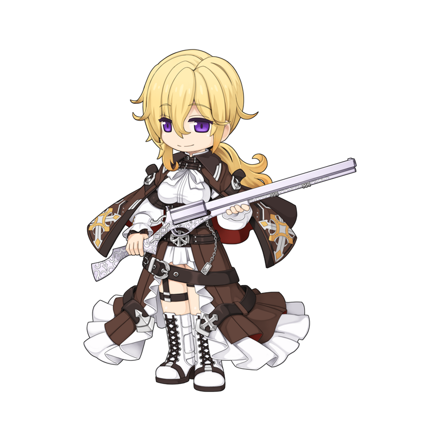 1girl blonde_hair boots bow bowtie breasts brown_cape brown_skirt bullet cape chain chibi closed_mouth cross-laced_footwear eyes_visible_through_hair full_body gun hair_between_eyes high-waist_skirt high_heel_boots high_heels holding holding_gun holding_weapon large_breasts long_bangs long_hair long_skirt long_sleeves looking_at_viewer low_ponytail night_watch_(ragnarok_online) official_art purple_eyes ragnarok_online red_cape revolver rifle shirt simple_background skirt smile sniper_rifle solo split_mouth standing tachi-e thigh_strap transparent_background two-sided_cape two-sided_fabric underbust weapon white_bow white_bowtie white_footwear white_shirt yuichirou