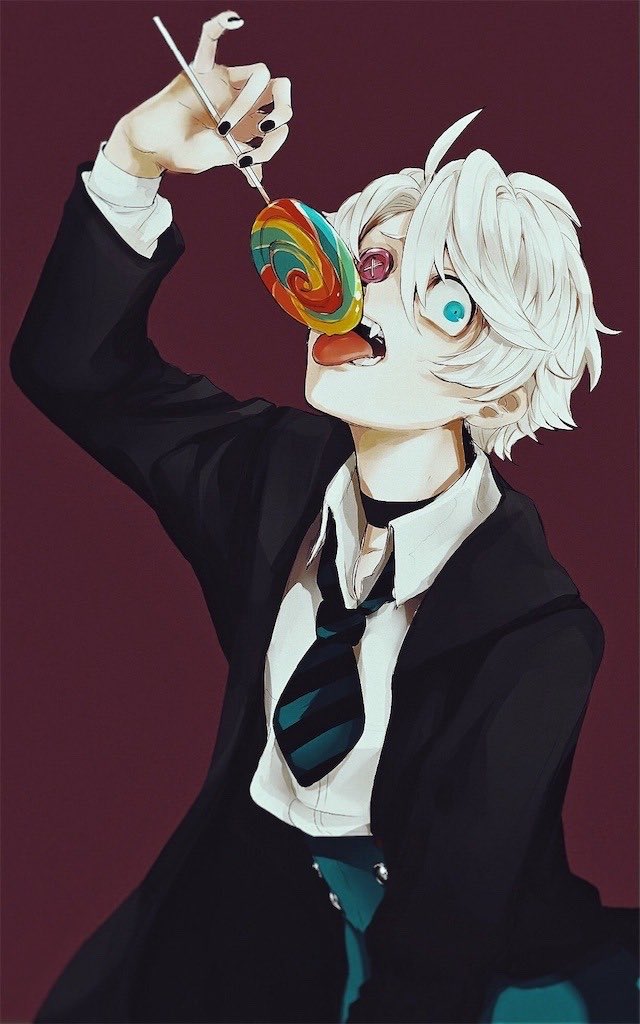 1boy ahoge arm_up black_coat black_nails black_necktie blue_eyes blue_necktie blue_pants button_eyes candy coat collared_shirt commentary_request constricted_pupils fangs food holding holding_candy holding_food holding_lollipop lollipop long_sleeves looking_at_viewer male_focus minai_mosa necktie open_mouth original pants red_background shirt short_hair simple_background solo striped_necktie tongue tongue_out upper_body white_hair