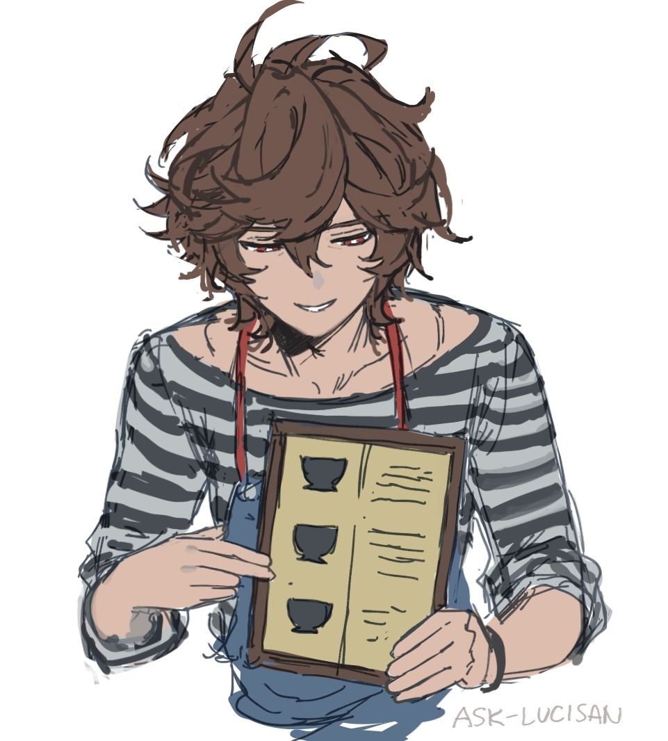 1boy ahoge apron bishounen blue_apron brown_hair coffee_cup cup disposable_cup english_commentary granblue_fantasy holding holding_menu light_smile looking_down male_focus menu messy_hair red_eyes sandalphon_(granblue_fantasy) sandalphon_(server_of_a_sublime_brew)_(granblue_fantasy) shirt short_hair sketch striped_clothes striped_shirt tumblr_username vertical-striped_clothes vertical-striped_shirt wahoosandalphon