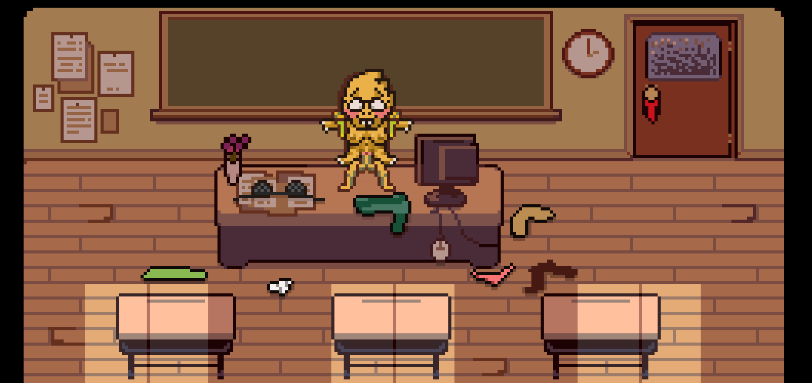 alphys ambiguous_gender anthro blush bra classroom clock clothed clothed/nude clothing clothing_aside deltarune digital_media_(artwork) duo female full_nelson human kris_(deltarune) lizard male male/female mammal nsfwfromd nude panties penetration pixel_(artwork) reptile scalie school sex size_difference undertale_(series) underwear vaginal vaginal_penetration