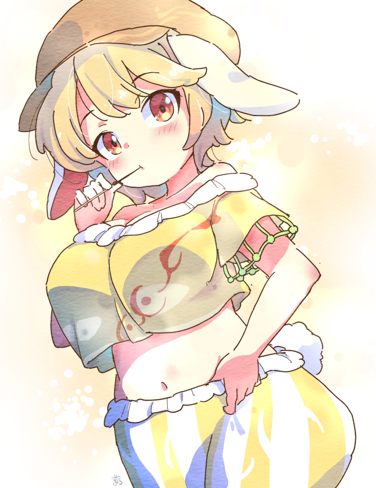 1girl animal_ears blonde_hair blush breasts brown_eyes brown_hat cabbie_hat closed_mouth cowboy_shot crop_top eating floppy_ears hat large_breasts looking_at_viewer medium_bangs midriff navel off-shoulder_shirt off_shoulder rabbit_ears rabbit_girl rabbit_tail ringo_(touhou) shirt short_hair short_sleeves shorts solo striped_clothes striped_shorts tail tanasuke touhou white_shorts yellow_shirt yellow_shorts