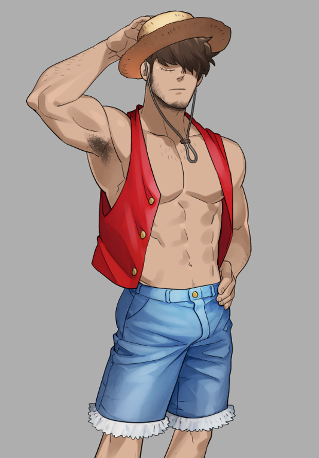 1boy abs armpit_hair armpits bara bare_pectorals biceps cosplay denim denim_shorts ero_condo facial_hair hair_over_eyes hat kienbiu male_focus medium_sideburns monkey_d._luffy monkey_d._luffy_(cosplay) navel nipples one_piece paid_reward_available pectorals short_hair shorts sideburns_stubble solo sparse_arm_hair sparse_chest_hair sparse_navel_hair standing stomach straw_hat stubble stubble_(ero_condo) toned toned_male