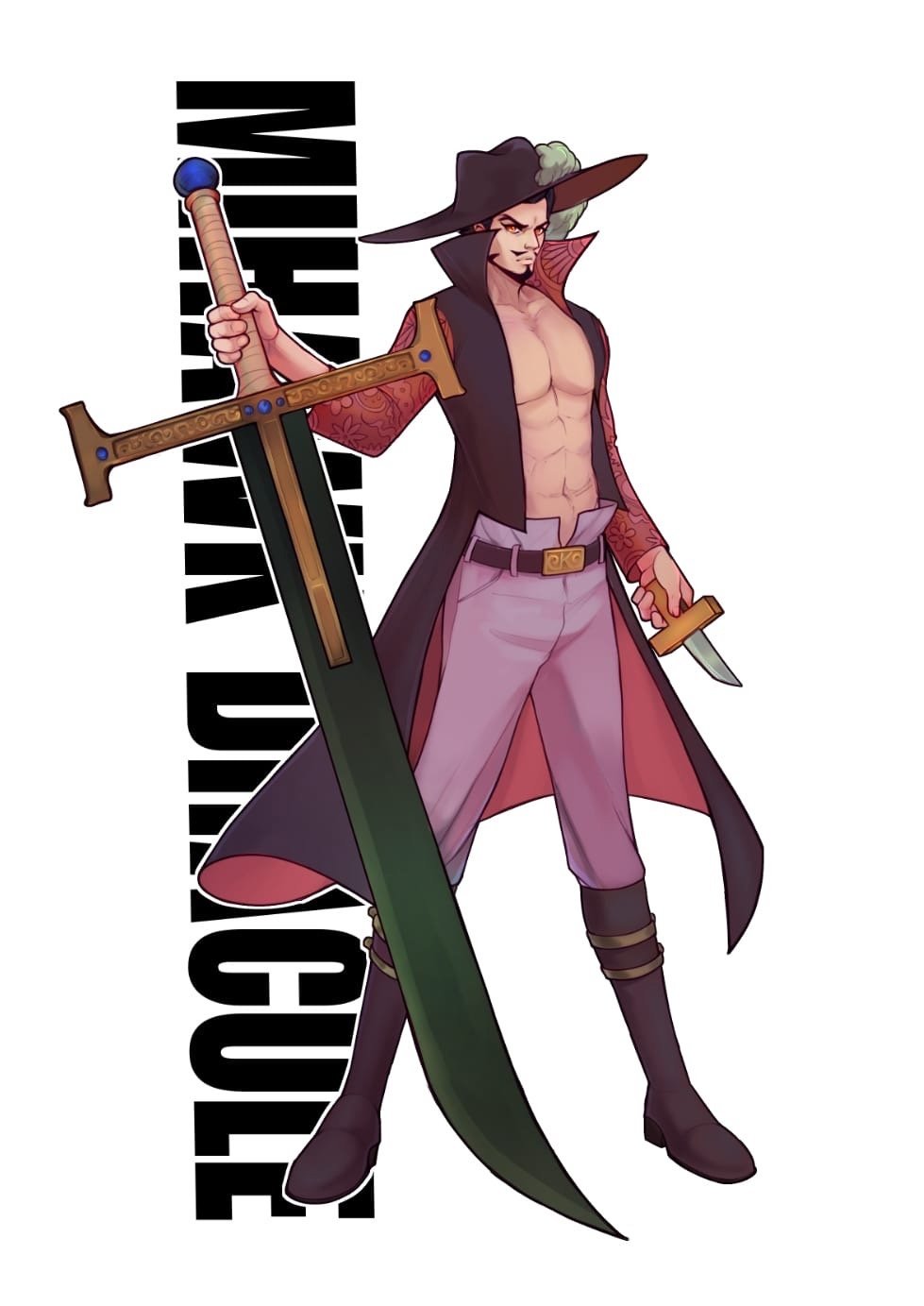 1boy abs beard black_hair character_name closed_mouth commentary_request dracule_mihawk facial_hair full_body hat hat_feather highres holding holding_knife holding_sword holding_weapon knife male_focus mustache one_piece open_clothes open_mouth russian_commentary shirmart1 short_hair sideburns solo standing sword weapon yellow_eyes