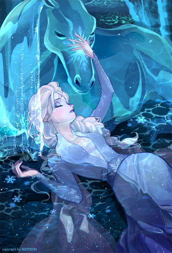 1girl artist_name blue_dress blue_eyeshadow blue_lips braid braided_ponytail closed_eyes dress elsa_(frozen) eyeshadow frozen_(disney) horse long_hair lying_on_water makeup seoyeon snowflakes the_nokk_(frozen) water white_hair