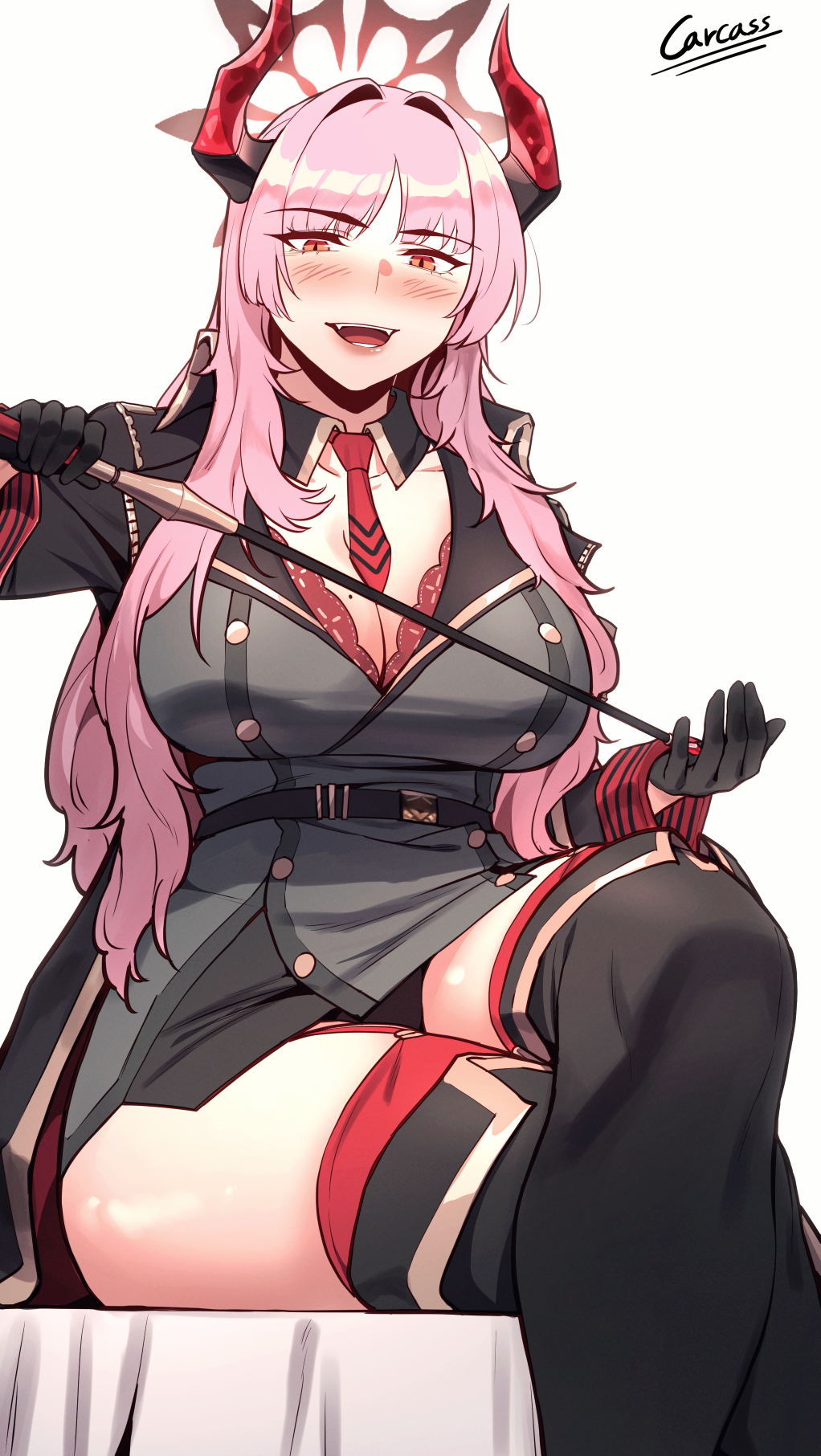 1girl black_coat black_skirt black_thighhighs blue_archive bra breasts brown_eyes carcass_(artist) cleavage coat collarbone demon_horns feet_out_of_frame halo highres horns large_breasts long_hair long_sleeves looking_at_viewer mole mole_on_breast open_clothes open_coat open_mouth pink_hair red_bra red_halo red_horns satsuki_(blue_archive) signature simple_background sitting skirt smile solo thighhighs underwear white_background