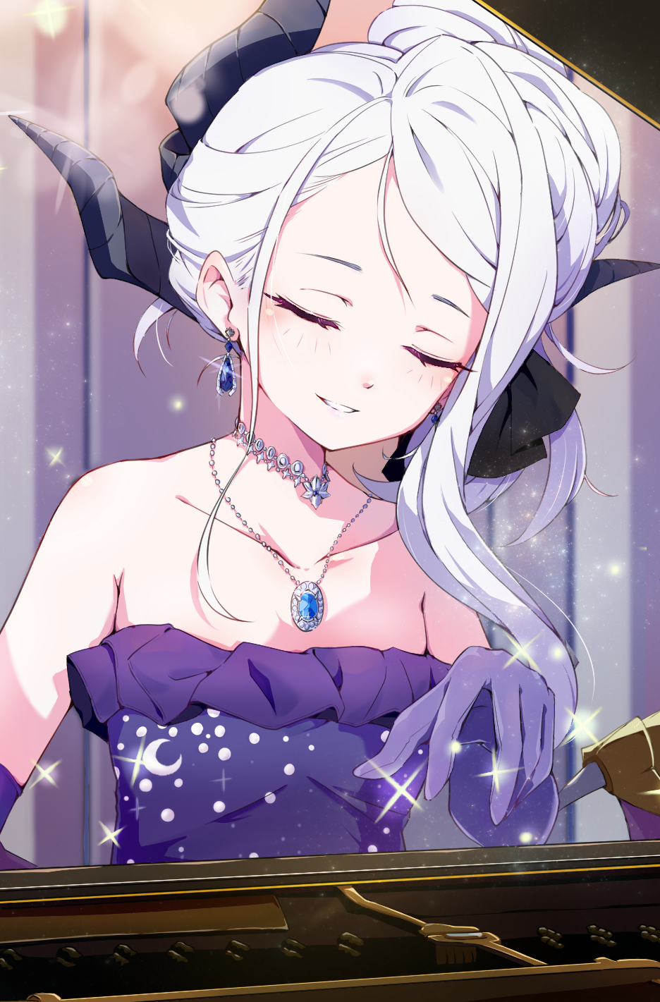 1girl black_horns blue_archive blush closed_eyes dangle_earrings demon_horns demon_wings dress earrings elbow_gloves gloves highres hina_(blue_archive) hina_(dress)_(blue_archive) horns jewelry long_hair mosuke1221 multiple_horns necklace official_alternate_costume official_alternate_hairstyle open_mouth pendant purple_dress purple_gloves purple_wings smile solo strapless strapless_dress upper_body white_hair wings