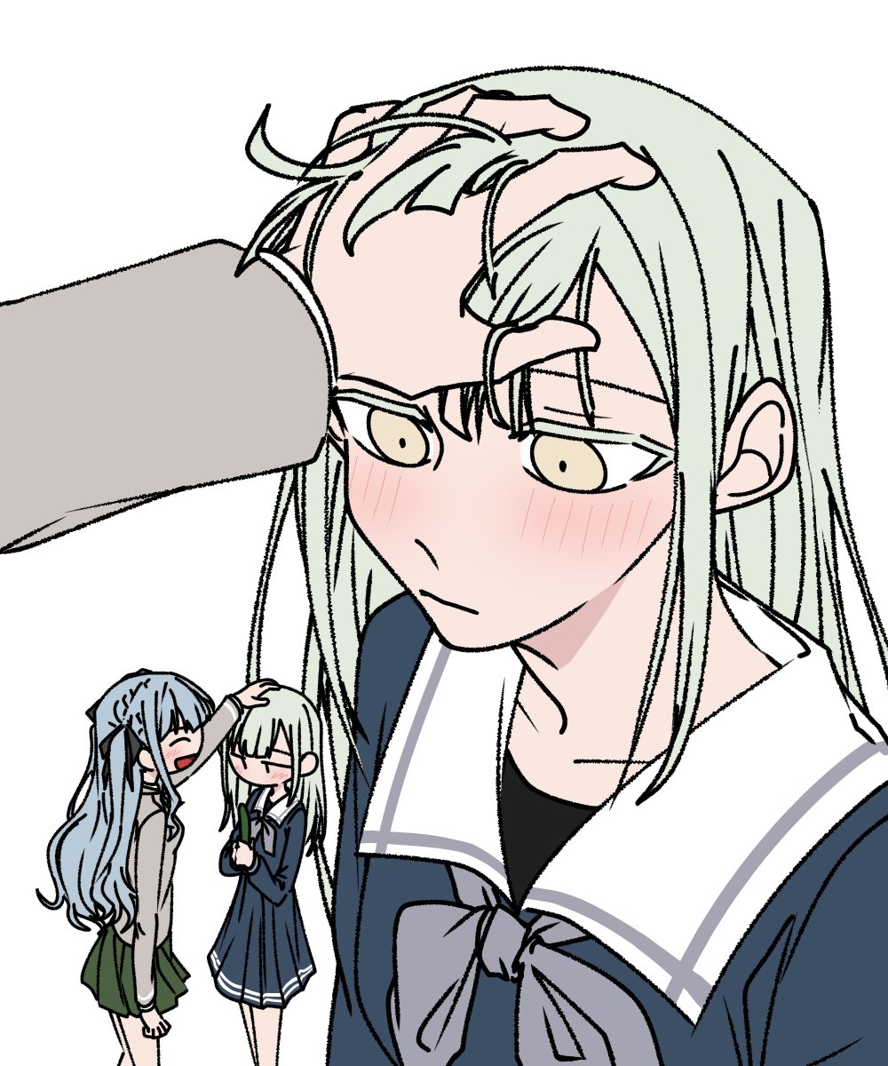 2girls a_jak bang_dream! bang_dream!_it's_mygo!!!!! black_ribbon blue_dress blue_hair blush closed_eyes closed_mouth commentary_request dress green_hair green_skirt grey_jacket grey_neckerchief hair_ribbon hand_on_another's_head headpat highres jacket korean_commentary long_hair long_sleeves multiple_girls neckerchief open_mouth pleated_skirt ribbon school_uniform simple_background skirt smile togawa_sakiko two_side_up wakaba_mutsumi white_background yellow_eyes yuri