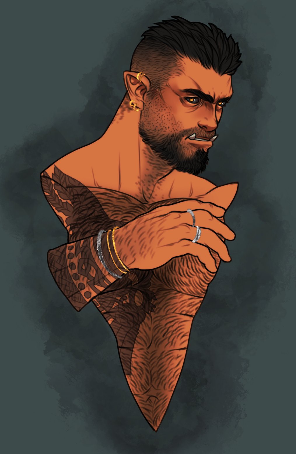 1boy abs bara beard black_sclera colored_sclera cropped_torso dark dark-skinned_male dark_skin earrings facial_hair highres jewelry looking_ahead male_focus mature_male monster_boy movd_art multiple_rings muscular muscular_male navel navel_hair neckbeard nude orc original ring short_hair solo stomach thick_beard thick_eyebrows tusks undercut very_hairy