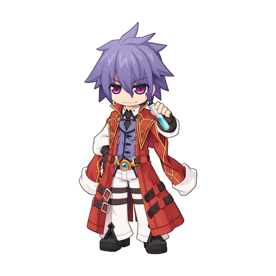 1boy biolo_(ragnarok_online) black_footwear black_gloves black_necktie chibi closed_mouth coat collared_shirt fingerless_gloves full_body gloves hair_between_eyes hand_on_own_hip high_collar holding_vial long_bangs long_sleeves looking_at_viewer male_focus necktie official_art open_clothes open_coat pants potion pouch purple_eyes purple_hair purple_vest ragnarok_online red_coat shirt shoes short_hair simple_background smile solo standing tachi-e thigh_pouch transparent_background v-shaped_eyebrows vest vial white_pants white_shirt yuichirou