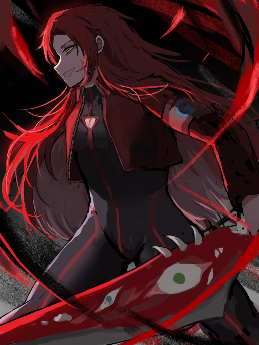1girl black_bodysuit bodysuit breasts cleavage cleavage_cutout clothing_cutout cropped_jacket e.g.o_(project_moon) gebura_(project_moon) grin highres holding holding_sword holding_weapon jacket lobotomy_corporation long_hair long_sleeves nnnnhhhhnhnh parted_bangs project_moon red_hair red_jacket sidelocks smile solo sword very_long_hair weapon yellow_background