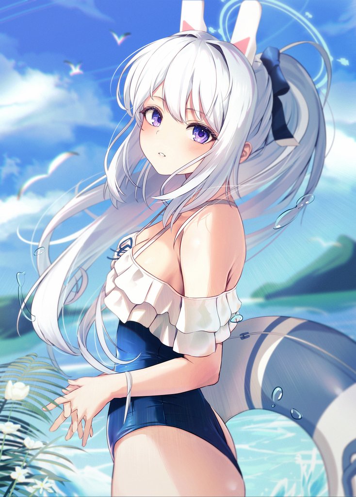 1girl animal animal_ears ass bare_arms bare_legs bare_shoulders bird blue_archive blue_halo blue_one-piece_swimsuit blush breasts casual_one-piece_swimsuit chiu538 cowboy_shot day fake_animal_ears frilled_one-piece_swimsuit frills hair_between_eyes halo innertube long_hair looking_at_viewer miyako_(blue_archive) miyako_(swimsuit)_(blue_archive) off-shoulder_one-piece_swimsuit off_shoulder official_alternate_costume official_alternate_hairstyle one-piece_swimsuit open_mouth outdoors ponytail purple_eyes rabbit_ears seagull small_breasts solo swim_ring swimsuit white_hair