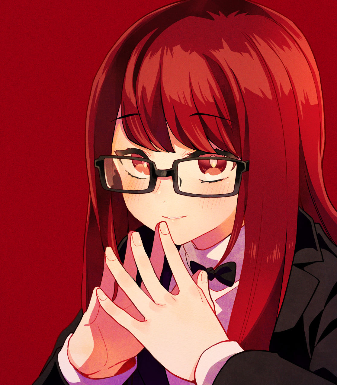 1girl black-framed_eyewear blush glasses hair_down highres kyougetsu_(junrai) long_hair long_sleeves looking_at_viewer official_alternate_hairstyle own_hands_together persona persona_5 persona_5_the_royal red_eyes red_hair school_uniform shuujin_academy_school_uniform simple_background smile solo upper_body yoshizawa_sumire