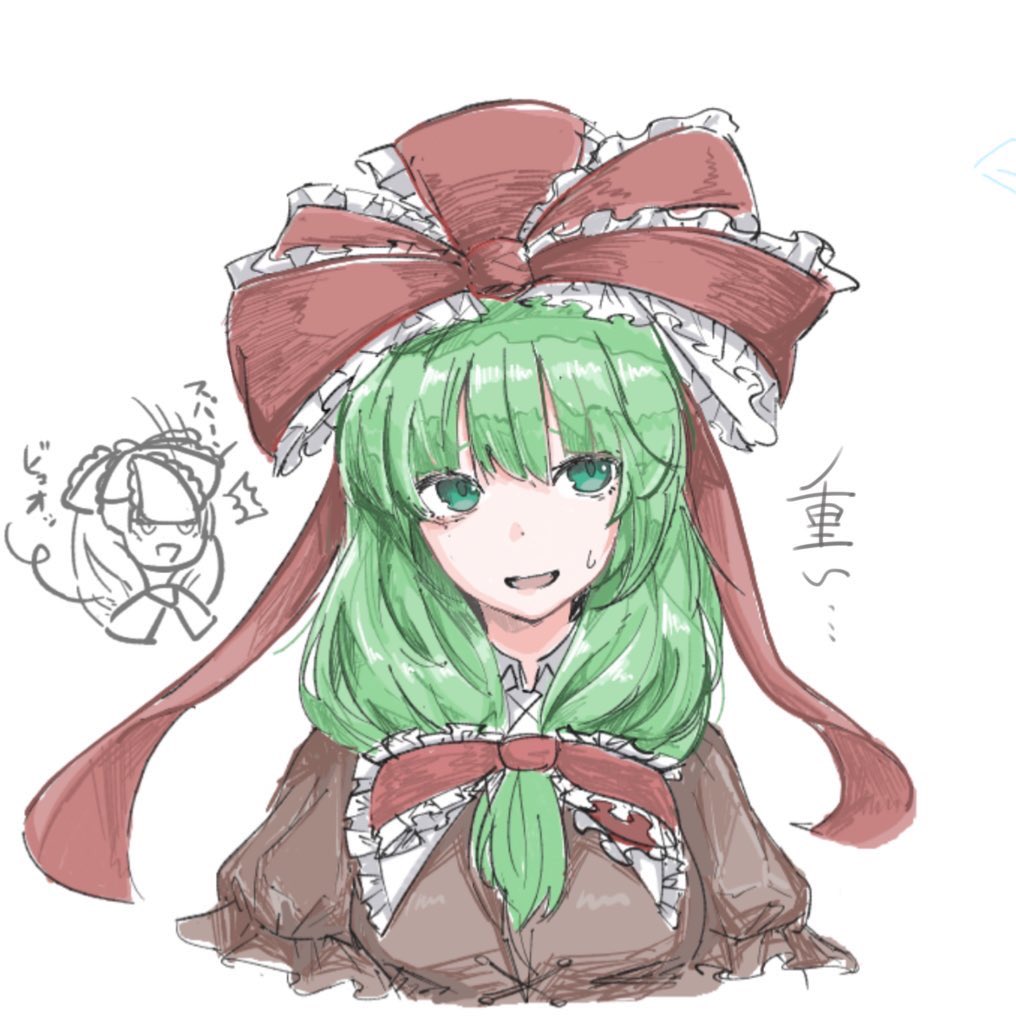 1girl bow frilled_bow frilled_ribbon frills front_ponytail green_eyes green_hair hair_bow hair_ribbon kagiyama_hina kon46965230 open_mouth puffy_short_sleeves puffy_sleeves red_bow red_ribbon ribbon short_sleeves simple_background solo sweater touhou upper_body white_background