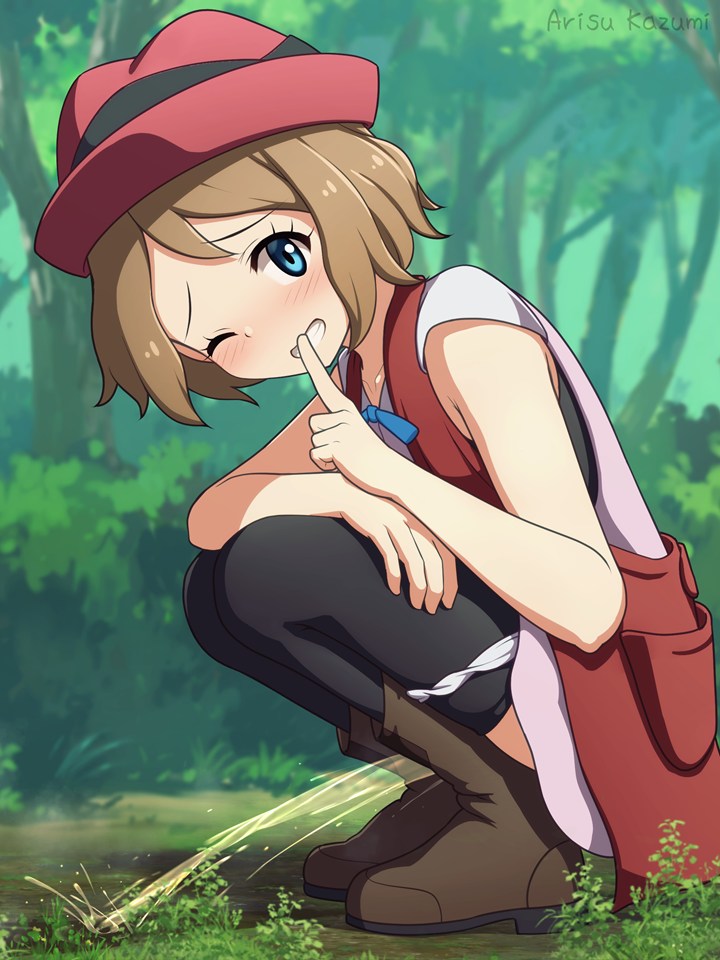 1girl arisu_kazumi black_thighhighs blue_eyes blush boots brown_hair finger_to_mouth forest from_side grin looking_at_viewer nature one_eye_closed outdoors panties panty_pull peeing pokemon pokemon_xy red_hat red_vest serena_(pokemon) shirt short_hair shushing smile solo squatting thighhighs underwear vest white_panties white_shirt