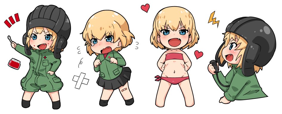 1girl bikini blonde_hair blue_eyes blush chibi fang flat_chest full_body girls_und_panzer heart helmet katyusha_(girls_und_panzer) military_uniform multiple_views nekopantsu_(blt) open_mouth pravda_military_uniform red_bikini short_hair smile swimsuit tank_helmet tearing_up uniform