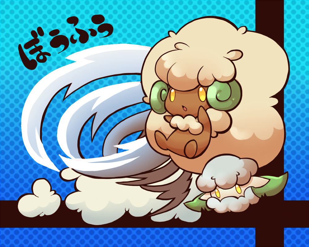 animal_focus blue_background cloud commentary_request cottonee evolutionary_line full_body kotorai looking_ahead no_humans no_nose open_mouth pokemon pokemon_(creature) polka_dot polka_dot_background translation_request whimsicott wind yellow_eyes