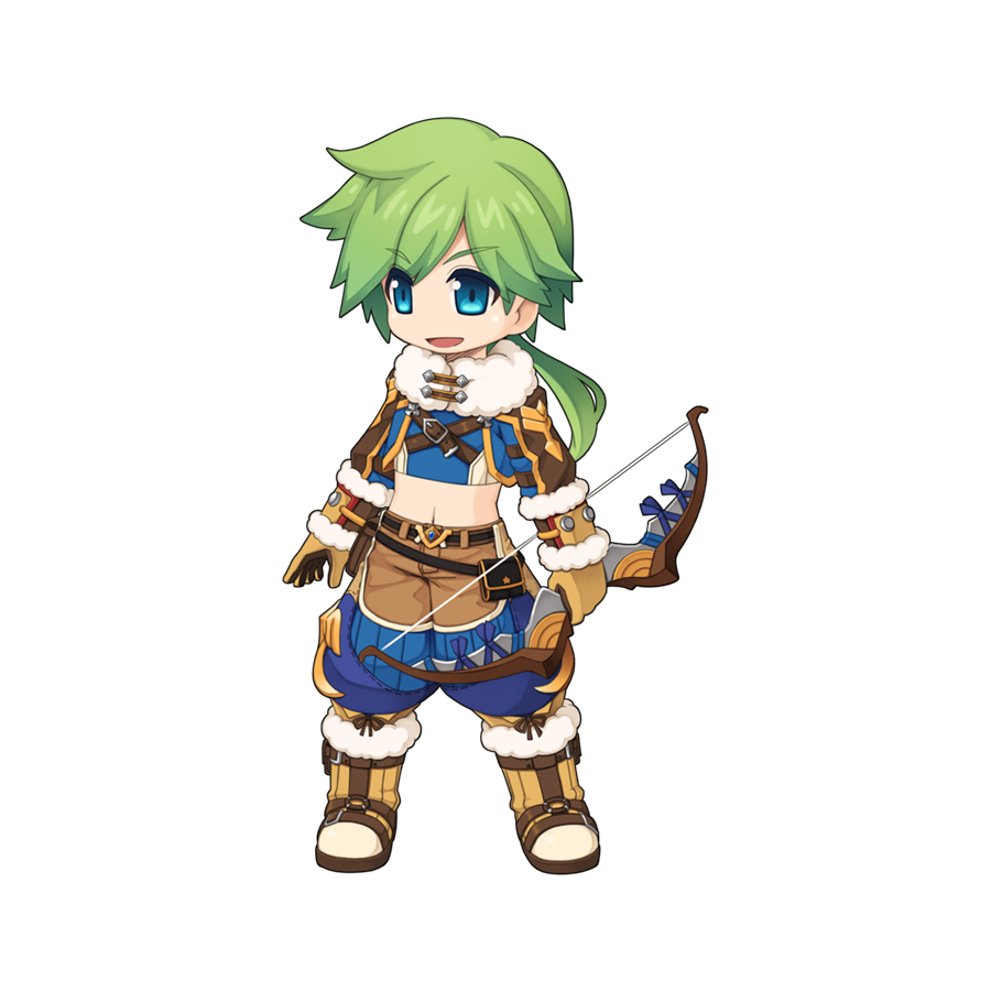 1boy baggy_pants belt belt_pouch blue_eyes blue_pants blue_shirt boots bow_(weapon) brown_belt brown_footwear brown_gloves brown_jacket brown_pants chest_harness chibi crop_top full_body fur-trimmed_boots fur-trimmed_sleeves fur_collar fur_trim gloves green_hair harness holding holding_bow_(weapon) holding_weapon jacket long_hair looking_at_viewer low_ponytail male_focus medium_bangs midriff multicolored_pants navel official_art open_mouth pants pants_tucked_in pouch ragnarok_online shirt shrug_(clothing) simple_background smile solo standing tachi-e teeth transparent_background weapon wind_hawk_(ragnarok_online) yuichirou