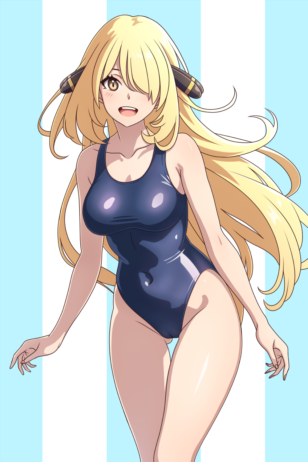 1girl asairosora ass_visible_through_thighs bare_arms bare_shoulders blonde_hair blue_background blue_one-piece_swimsuit breasts commentary_request competition_swimsuit covered_navel cynthia_(pokemon) feet_out_of_frame floating_hair hair_ornament hair_over_one_eye highleg highleg_swimsuit highres large_breasts light_blush long_hair looking_at_viewer one-piece_swimsuit one_eye_covered open_mouth pokemon pokemon_dppt smile solo standing swimsuit teeth thigh_gap two-tone_background upper_teeth_only very_long_hair white_background yellow_eyes