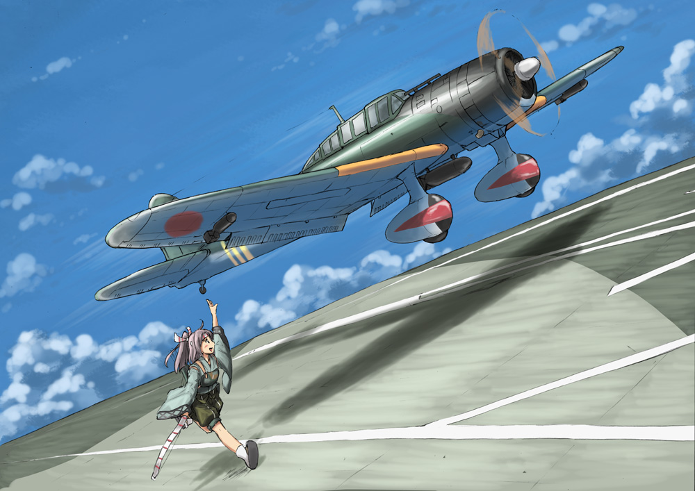 aircraft airplane bow_(weapon) brown_eyes cloud d3a day dutch_angle hachimaki headband high_ponytail kantai_collection light_brown_hair long_hair military muneate open_mouth ponytail sky vent_arbre weapon zuihou_(kantai_collection)