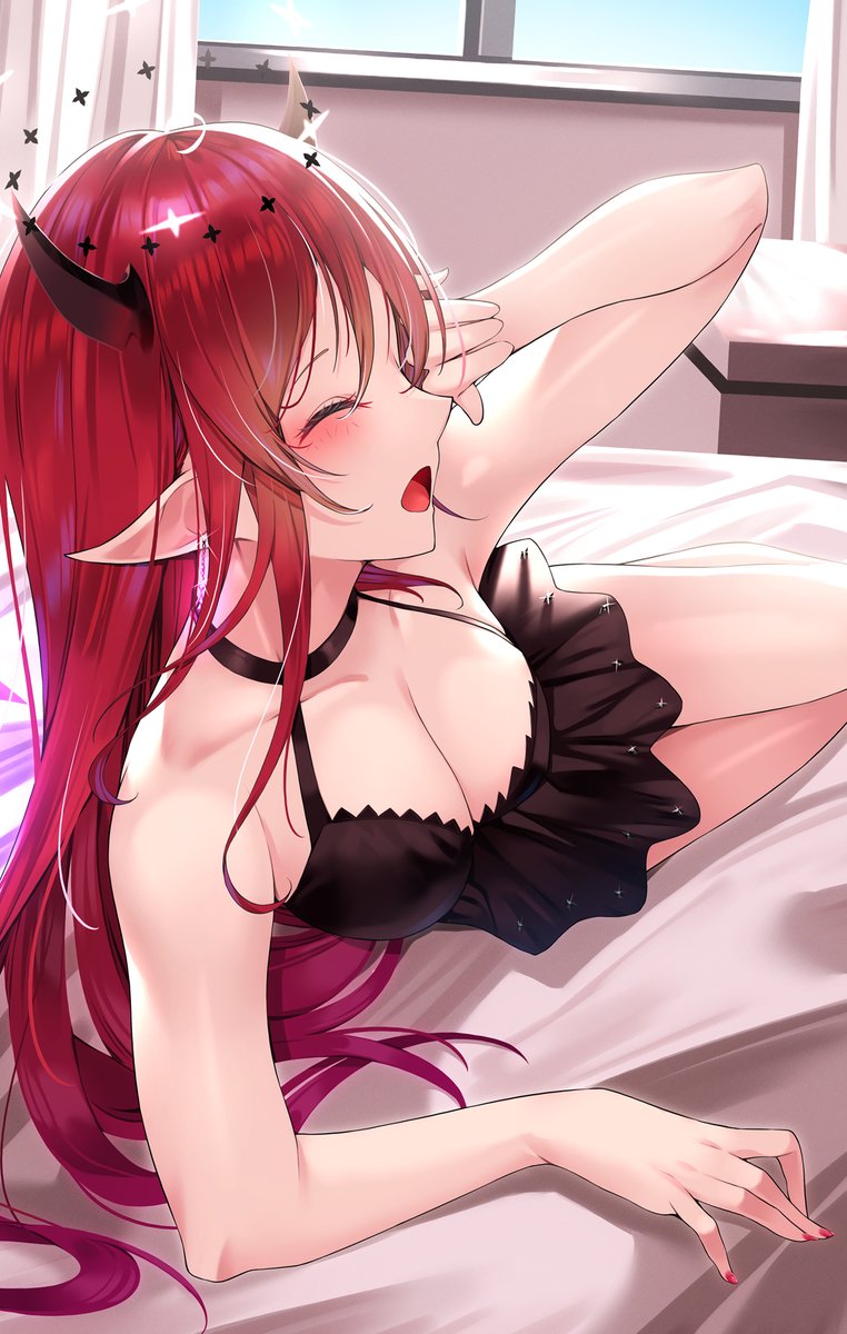 1girl breasts camisole cleavage closed_eyes curtains day demon_horns halo highres hololive hololive_english horns indoors irys_(hololive) large_breasts long_hair lying misa_pika nail_polish on_bed on_side open_mouth pointy_ears red_hair red_nails rubbing_eyes solo virtual_youtuber window yawning