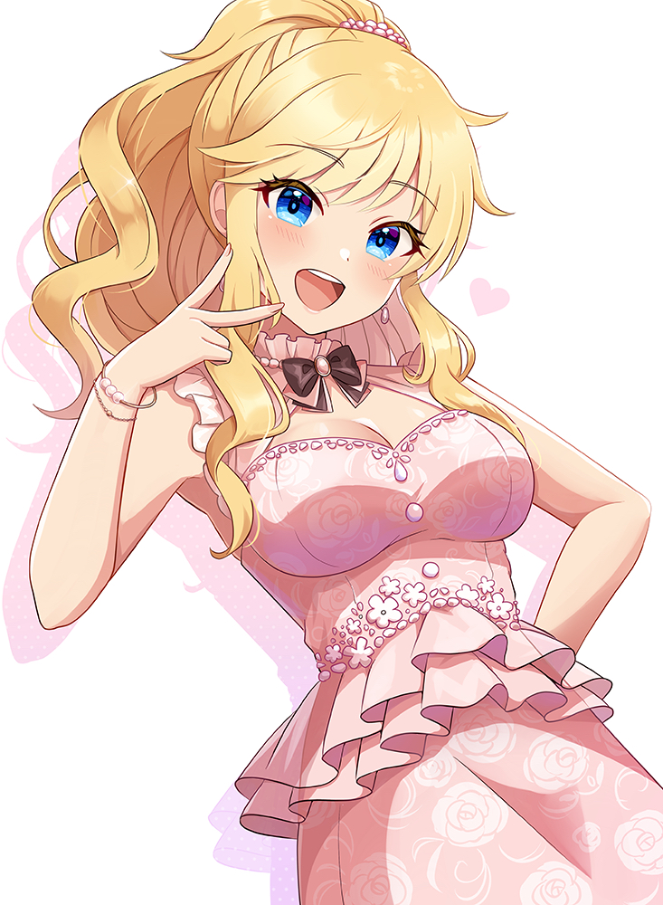 1girl bare_shoulders blonde_hair blue_eyes breasts cleavage dress earrings frilled_dress frills hair_ornament high_ponytail idolmaster idolmaster_cinderella_girls idolmaster_cinderella_girls_starlight_stage jewelry long_hair medium_breasts ohtsuki_yui open_mouth pink_dress sakura_ran simple_background smile solo v