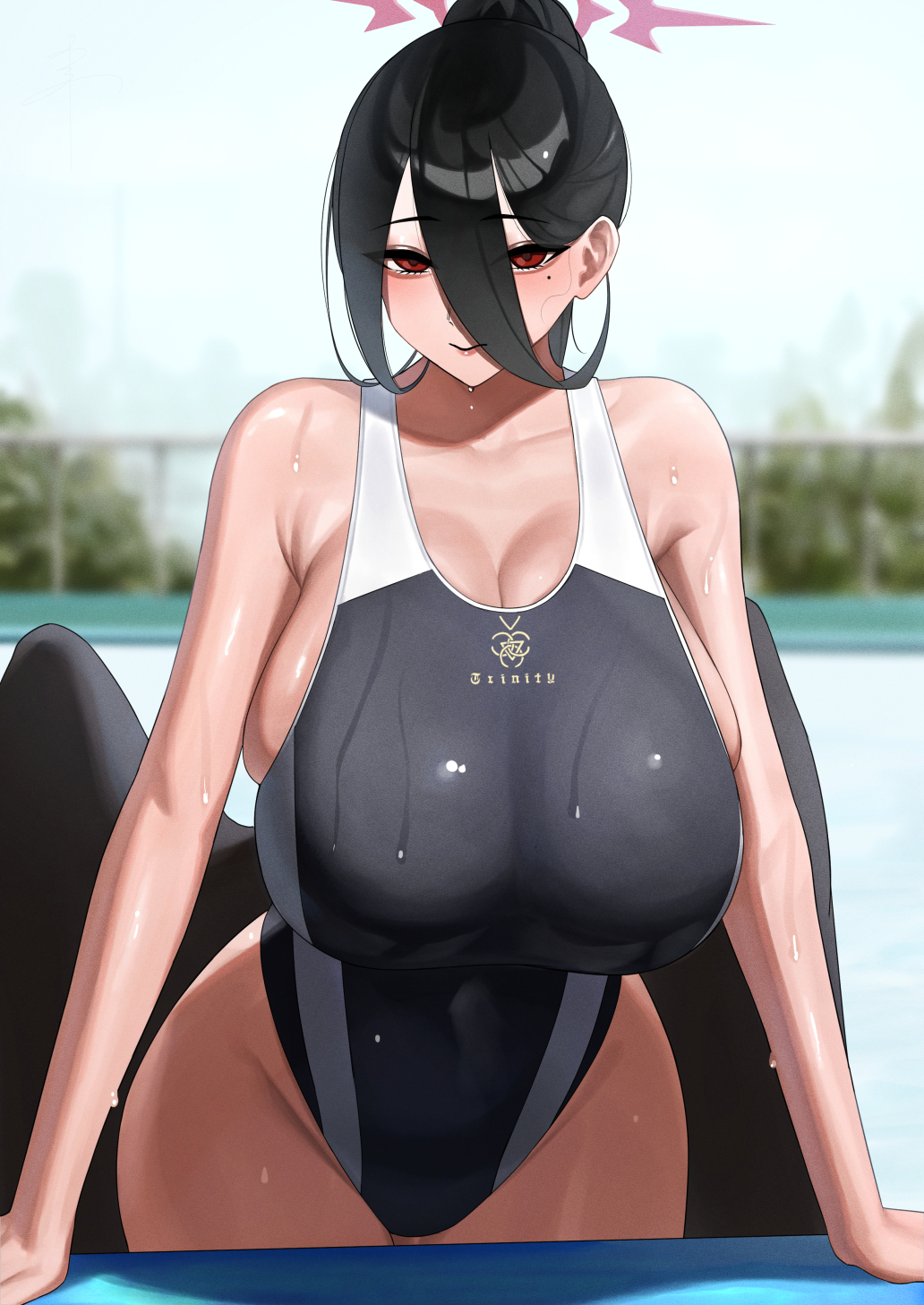 1girl black_hair black_one-piece_swimsuit black_wings blue_archive blush breasts cleavage closed_mouth collarbone cowboy_shot day halo hasumi_(blue_archive) highres huge_breasts long_hair looking_at_viewer mole mole_under_eye one-piece_swimsuit outdoors red_eyes red_halo school_swimsuit senju_(snz0) solo swimsuit very_long_hair wet wet_clothes wet_swimsuit wings