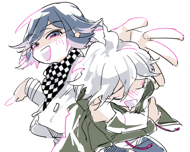 2boys ahoge arm_belt belt black_scarf blue_pants blush_stickers buttons checkered_clothes checkered_scarf commentary_request cowboy_shot crossed_arms danganronpa_(series) danganronpa_2:_goodbye_despair danganronpa_v3:_killing_harmony deformed green_jacket green_sleeves hood hood_down hooded_jacket in-franchise_crossover jacket komaeda_nagito long_sleeves male_focus me_(lililico) multiple_boys oma_kokichi open_clothes open_jacket open_mouth outstretched_arms pants partial_commentary purple_eyes purple_hair scarf self_hug shirt short_hair simple_background single_blush_sticker smile teeth two-tone_scarf upper_teeth_only white_background white_belt white_hair white_jacket white_scarf white_shirt white_sleeves