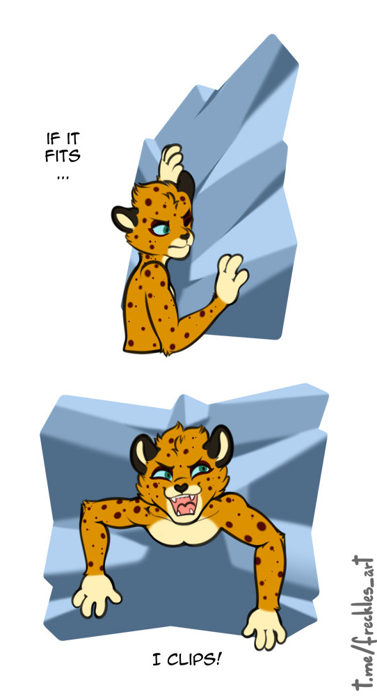 2_panel_comic black_spots blue_sclera cheek_tuft cheetah english_text facial_tuft fangs felid feline freckles_(artist) fur half-closed_eyes mammal markings narrowed_eyes open_mouth open_smile simple_background smile spots spotted_body spotted_fur spotted_markings tan_body tan_fur teeth text tuft two_panel_image white_background yellow_body yellow_fur