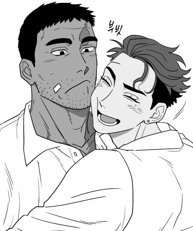 2boys adam's_apple balnom bandaid bandaid_on_cheek bandaid_on_face bara blush couple dark-skinned_male dark_skin greyscale male_focus mature_male monochrome multiple_boys sparse_stubble thick_eyebrows undercut yaoi