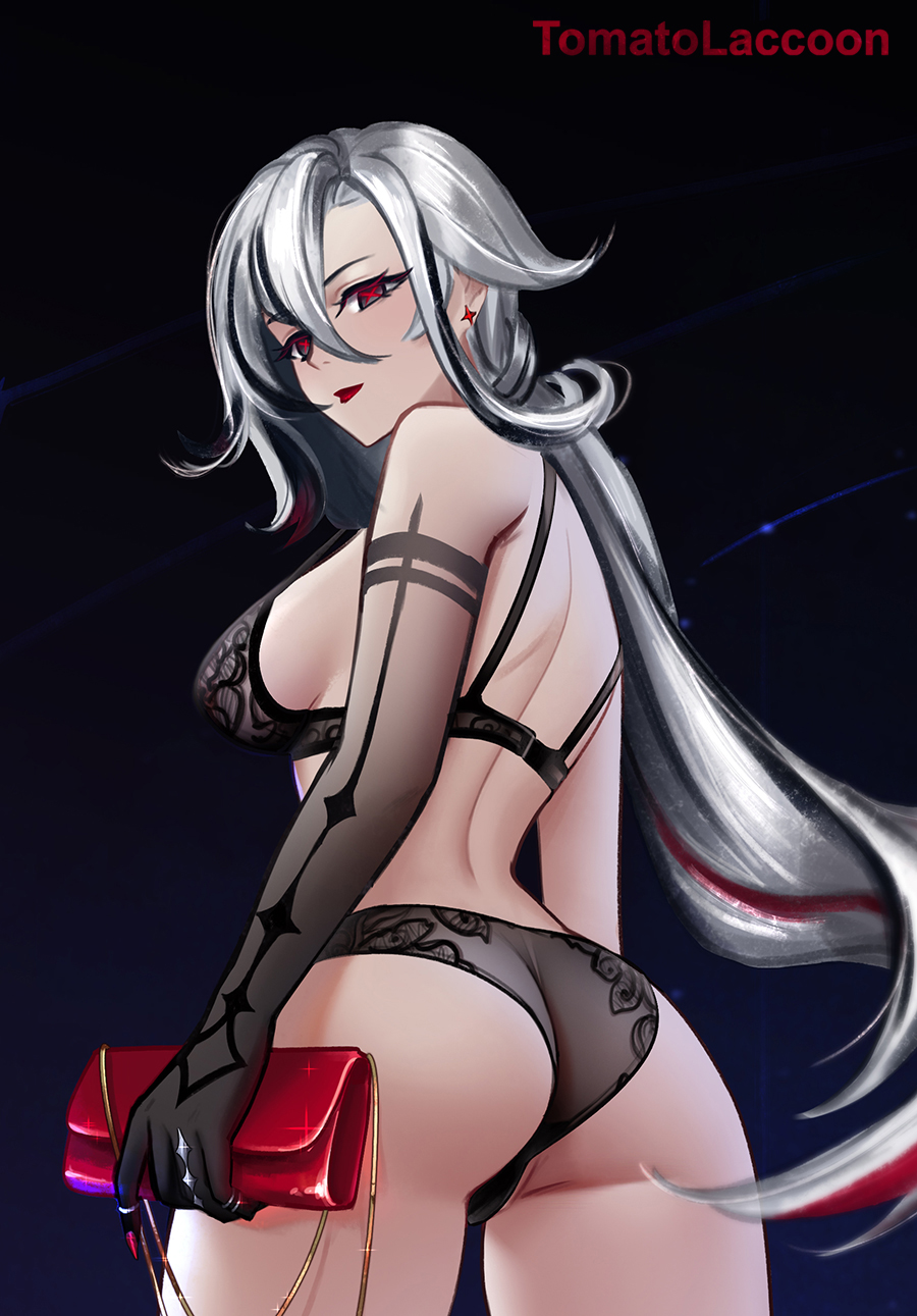 1girl arlecchino_(genshin_impact) ass black_background black_bra bra commentary cowboy_shot earrings genshin_impact highres holding jewelry long_hair red_lips solo standing thighs tomatolacoon underwear underwear_only very_long_hair white_hair