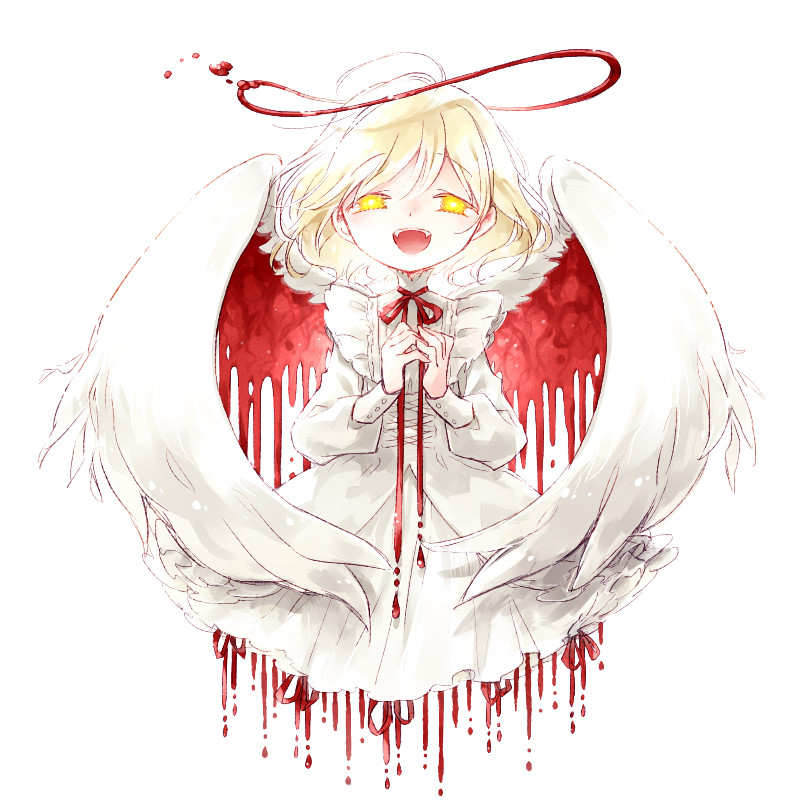 1girl :d ahoge angel blonde_hair blood blood_drip bloody_wings commentary_request cropped_legs dated_commentary dress fangs feathered_wings halo hands_up long_sleeves looking_at_viewer neck_ribbon open_mouth original painttool_sai_(medium) puffy_long_sleeves puffy_sleeves rakuni red_halo red_ribbon red_wings ribbon short_hair simple_background smile solo straight-on white_background white_dress white_wings wings yellow_eyes