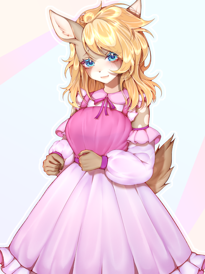 2024 anthro blonde_hair blue_eyes clothing deer dress female frilly frilly_clothing frilly_dress hair long_dress long_hair looking_at_viewer mammal pink_clothing pink_dress roadkill_(sufficient) scut_tail short_tail simple_background solo spots svetkaabdurakhmanova tail tan_body white_background white_spots