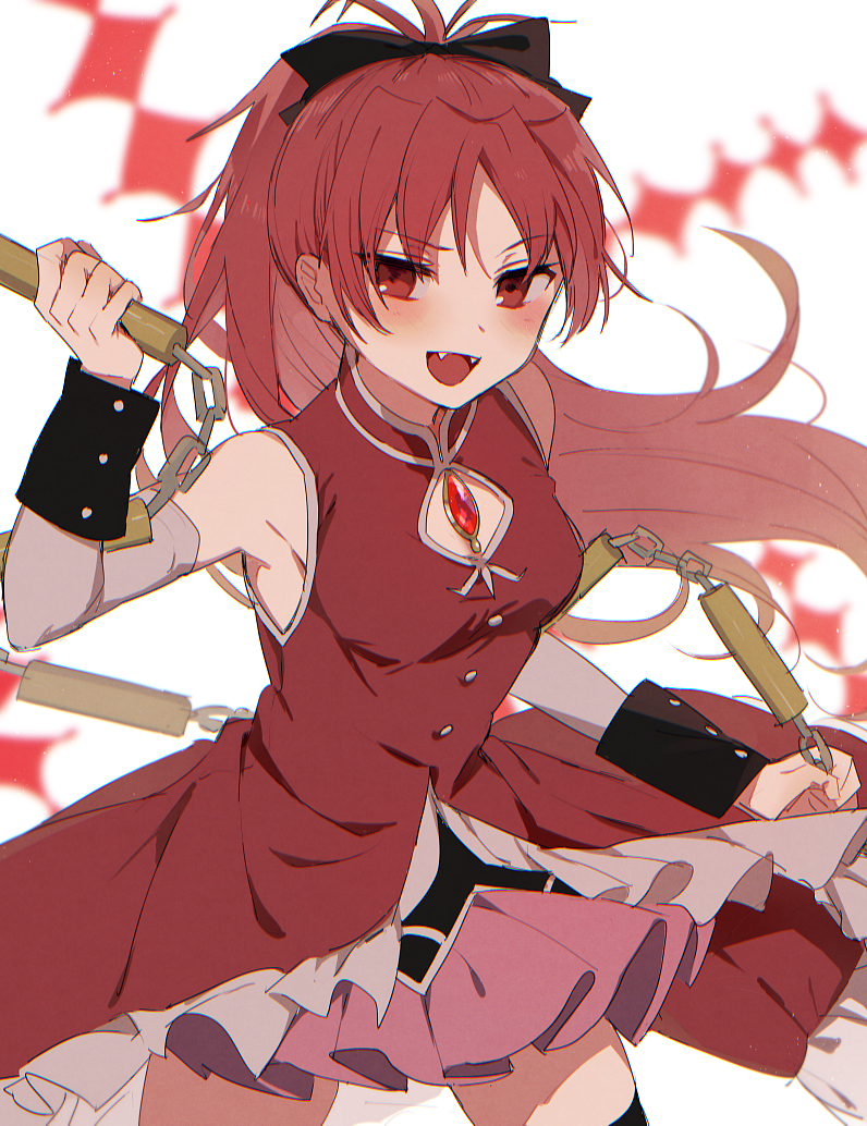 1girl :d bare_shoulders bow boyano breasts chain cleavage_cutout clothing_cutout collared_dress cowboy_shot dress fangs floating_hair gem hair_bow hand_up holding holding_weapon long_hair looking_at_viewer mahou_shoujo_madoka_magica mahou_shoujo_madoka_magica_(anime) medium_breasts nunchaku open_mouth pink_skirt ponytail red_dress red_eyes red_gemstone red_hair sakura_kyoko simple_background skirt sleeveless sleeveless_dress smile solo standing weapon white_background wrist_cuffs