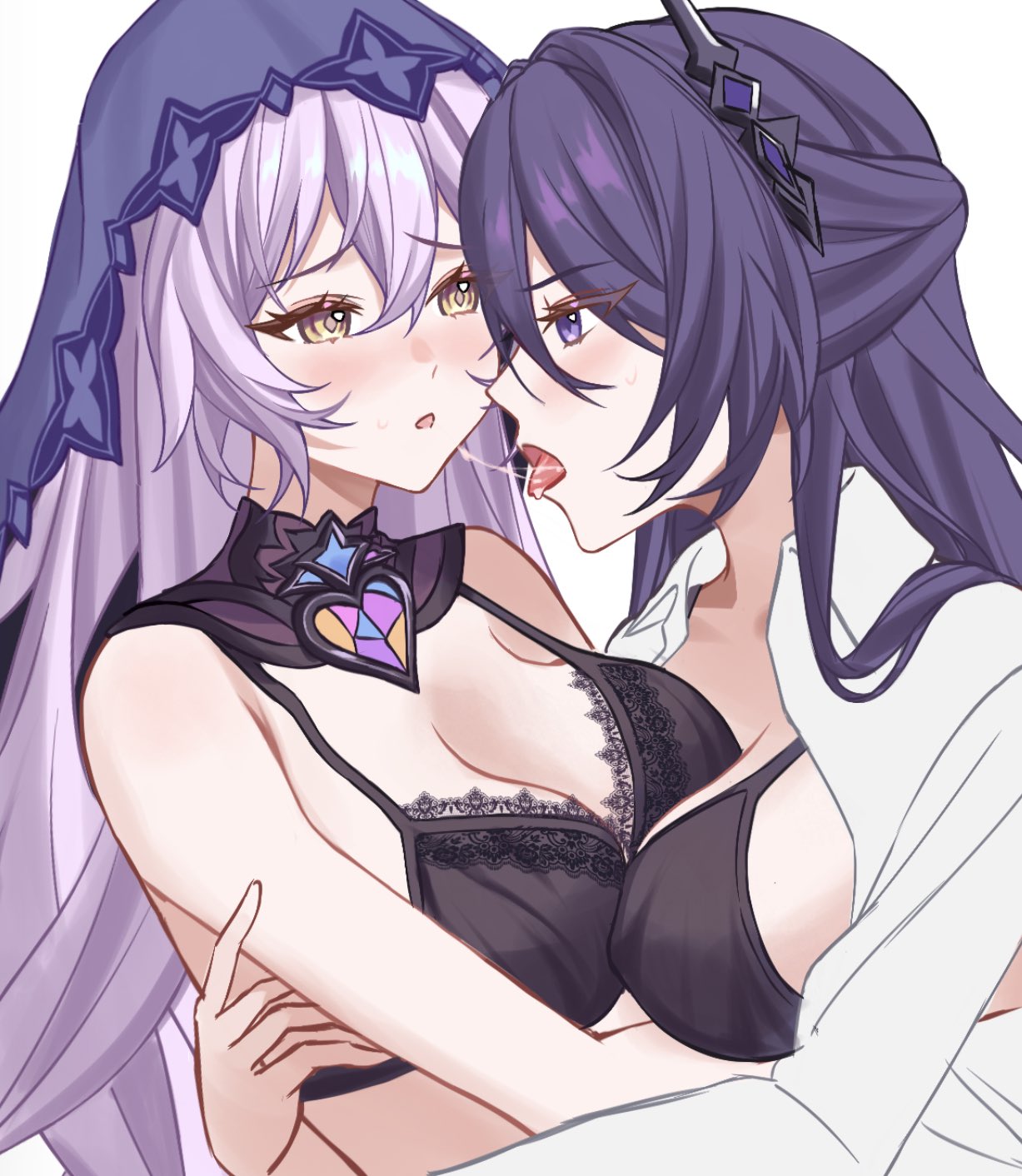 2girls acheron_(honkai:_star_rail) bare_shoulders black_bra black_swan_(honkai:_star_rail) bra chinoa commentary_request highres honkai:_star_rail honkai_(series) hug multiple_girls purple_eyes purple_hair shirt simple_background tongue tongue_out underwear unfinished veil white_background white_shirt yellow_eyes yuri