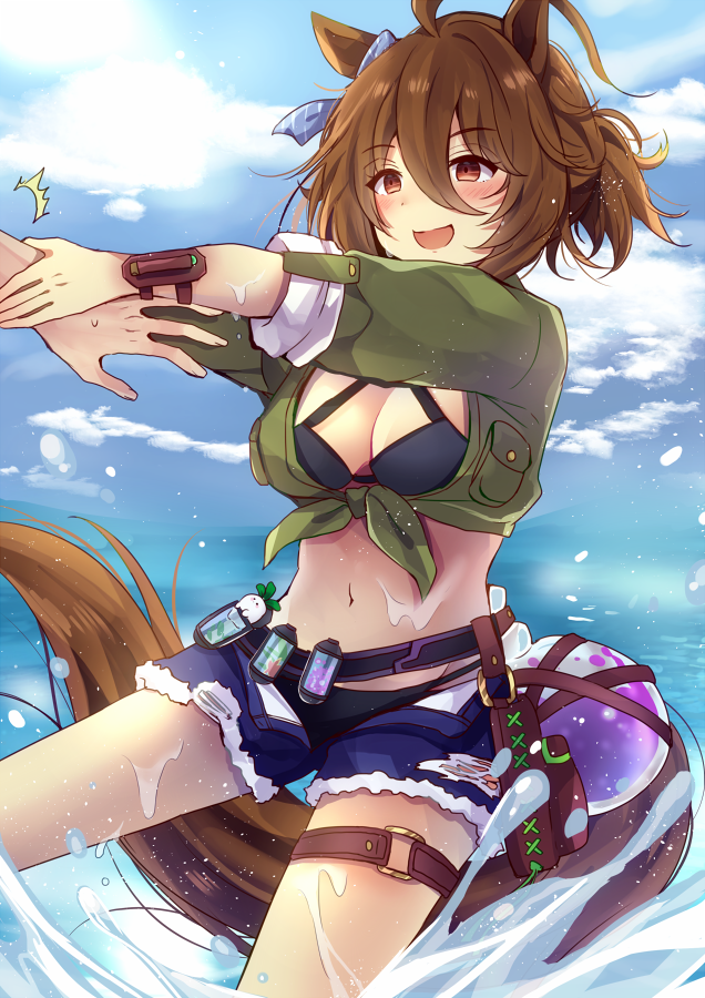 1girl 1other ^^^ agnes_tachyon_(lunatic_lab)_(umamusume) agnes_tachyon_(umamusume) ahoge animal_ears belt belt_pouch bikini black_bikini blue_shorts breast_pocket breasts brown_eyes brown_hair canister chiyakobu_(ssssooooame) cleavage cloud cloudy_sky commentary_request cowboy_shot criss-cross_halter daikon ear_ornament flask green_jacket groin hair_between_eyes halterneck hand_around_wrist horse_ears horse_girl horse_tail jacket kii-kun_(agnes_tachyon)_(umamusume) leather_wrist_straps long_sleeves medium_hair micro_shorts midriff motion_lines navel ocean official_alternate_costume official_alternate_hairstyle open_clothes open_fly open_mouth open_shorts outdoors pocket pouch pulling radish round-bottom_flask short_ponytail shorts sky solo_focus sparkle splashing sweatdrop swimsuit tail textless_version thigh_strap tied_jacket torn_clothes torn_shorts trainer_(umamusume) umamusume wading wet wrist_straps