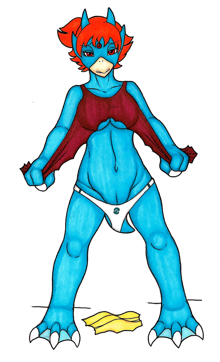 3_fingers 3_toes anthro avian bare_legs barefoot beak big_breasts blue_body blue_skin breasts claws clothing eyelashes feet female finger_claws fingers forehead_gem front_view gem generation_1_pokemon genitals golduck gym_leader hair huge_breasts ivanks leotard looking_at_viewer membrane_(anatomy) mid_transformation misty_(pokemon) mostly_nude narrowed_eyes navel nintendo non-mammal_breasts orange_hair panties pokemon pokemon_(species) ponytail pupils pussy red_eyes short_hair short_tail simple_background solo species_transformation spread_legs spreading standing tail tearing_clothing thick_thighs toe_claws toes torn_clothing torn_leotard transformation underwear white_background white_claws white_clothing white_panties white_underwear
