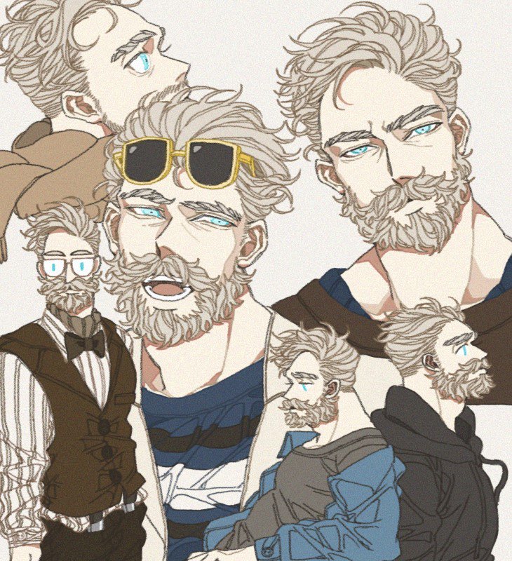 1boy beard blue_eyes bow bowtie connected_beard cowboy_shot expressions facial_hair formal full_beard glasses grey_hair half-closed_eyes jacket looking_at_viewer male_focus mature_male original profile solid_oval_eyes standing sunglasses thick_beard thick_eyebrows thick_mustache vest where_hao wide-eyed